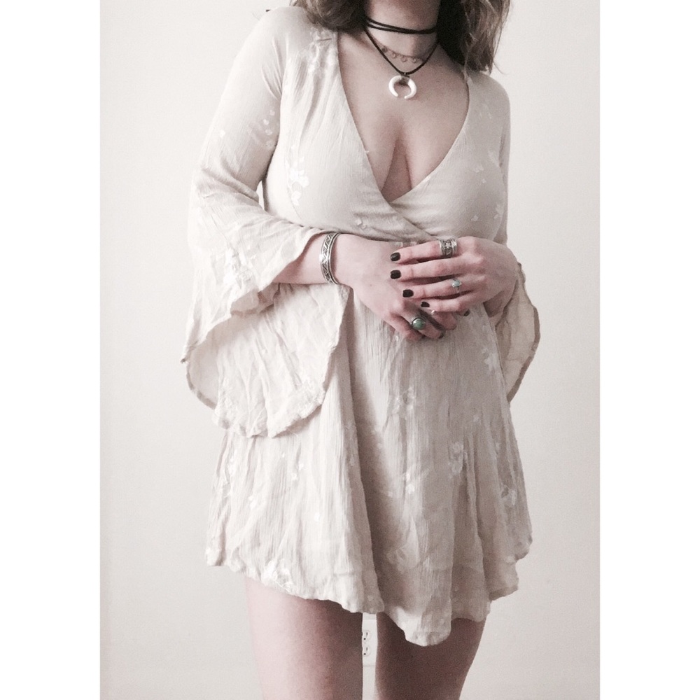 Floral Embroidered Bell Sleeve Surplice Mini Dress